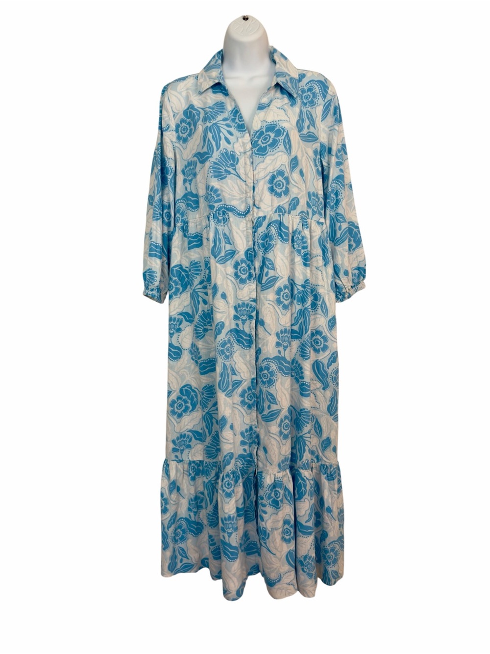 Rachel Zoe Blue White Floral Shirt Dress Size Small Oversized Tiered Maxi Summer